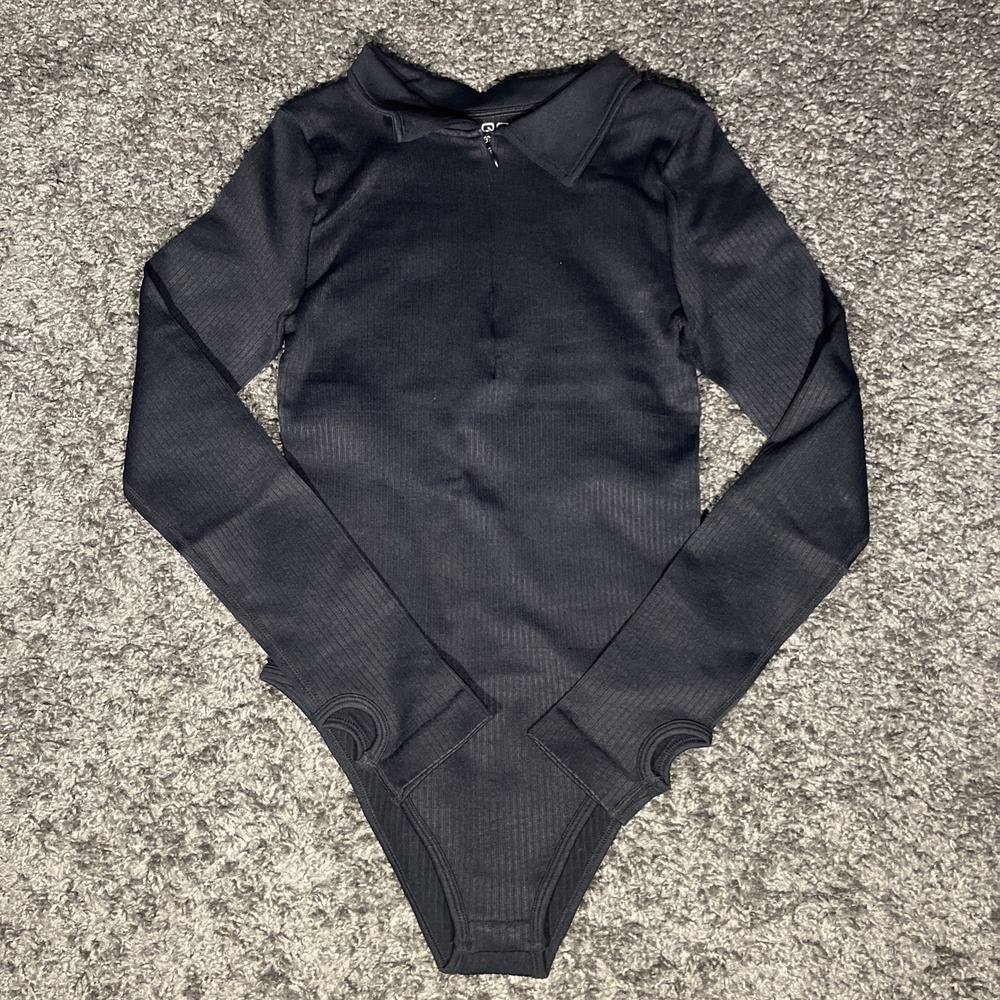 Oqq Collared 1/4 Zip Long Sleeve Black Ribbed Tummy Control Bodysuit S